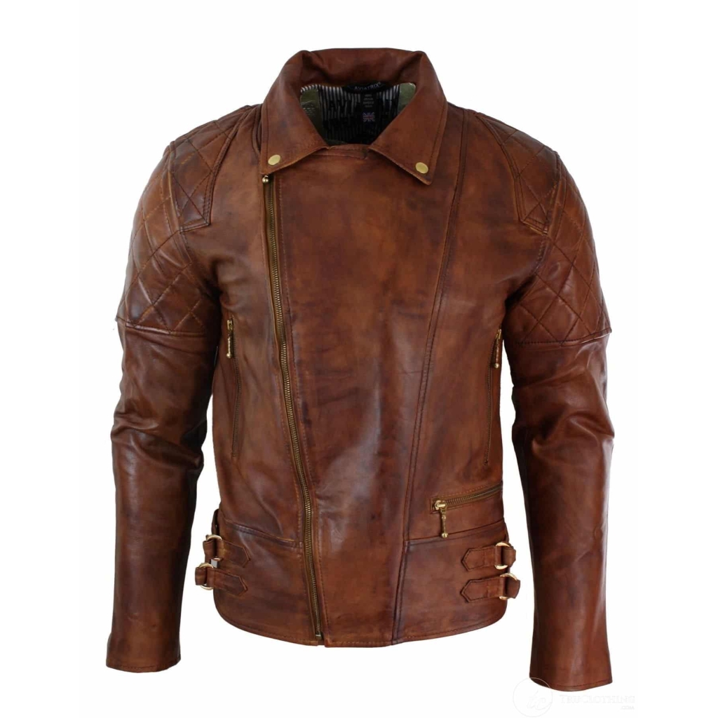 Real Leather Slim Fit Cross Zip Retro Vintage Brown Biker Punk Rock ...