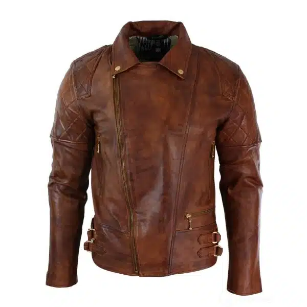 Real Leather Slim Fit Cross Zip Retro Vintage Brown Biker Punk Rock Mens Jacket-Nevada Timber