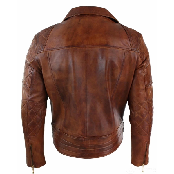 Real Leather Slim Fit Cross Zip Retro Vintage Brown Biker Punk Rock Mens Jacket-Nevada Timber