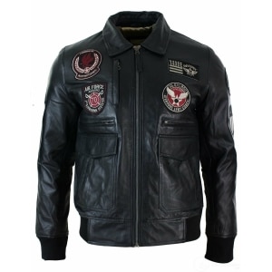 Mens Real Leather Black Bomber Badge Air Force Pilot Flying Jacket ...