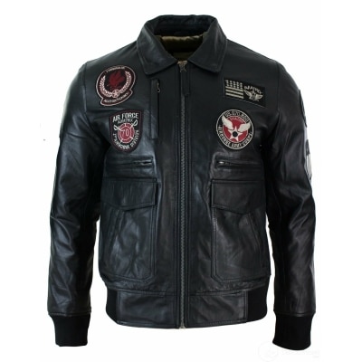 Mens Real Leather Black Bomber Badge Air Force Pilot Flying Jacket ...