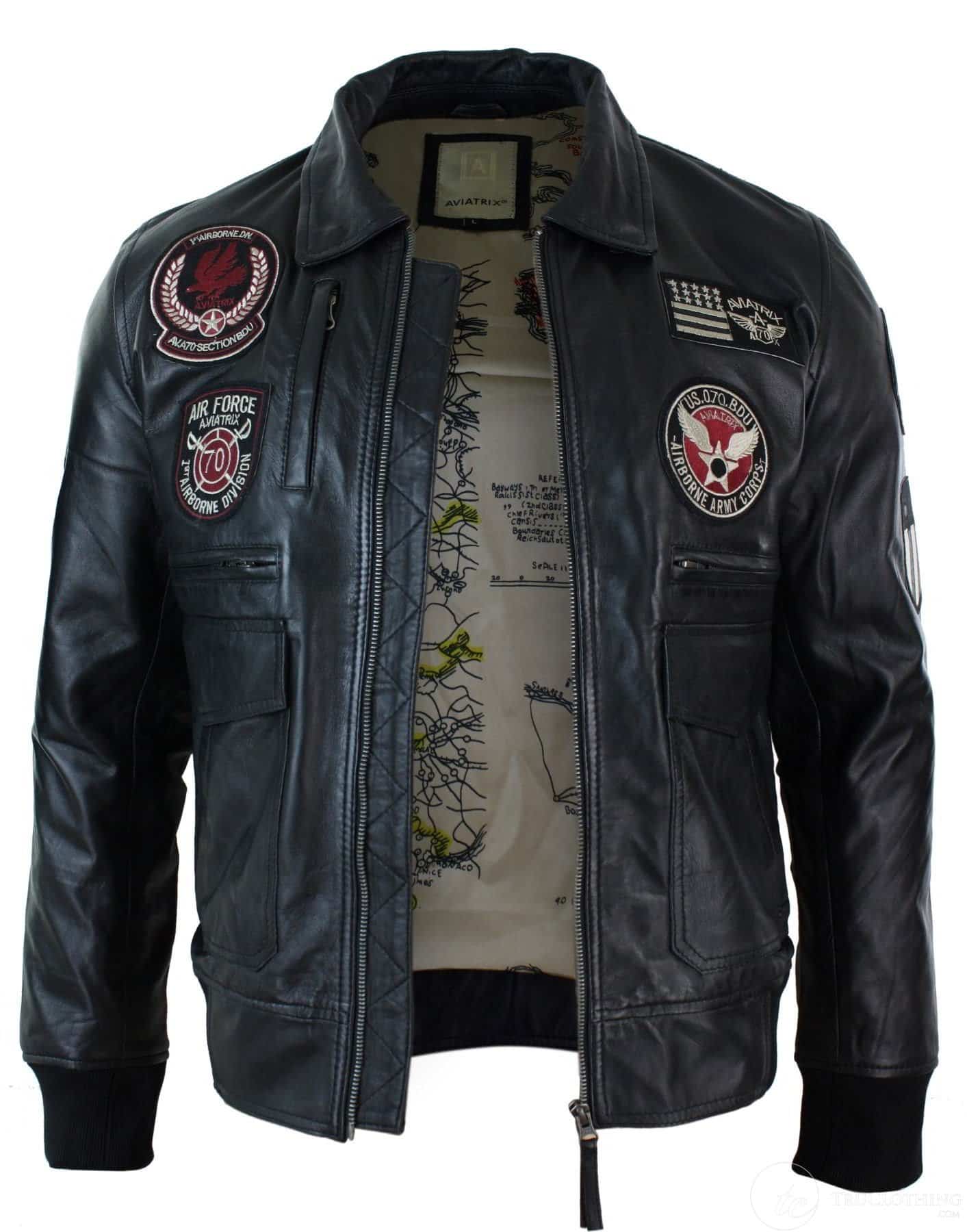 Mens Real Leather Black Bomber Badge Air Force Pilot Flying Jacket ...