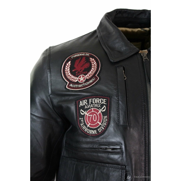 Mens Real Leather Black Bomber Badge Air Force Pilot Flying Jacket-Black