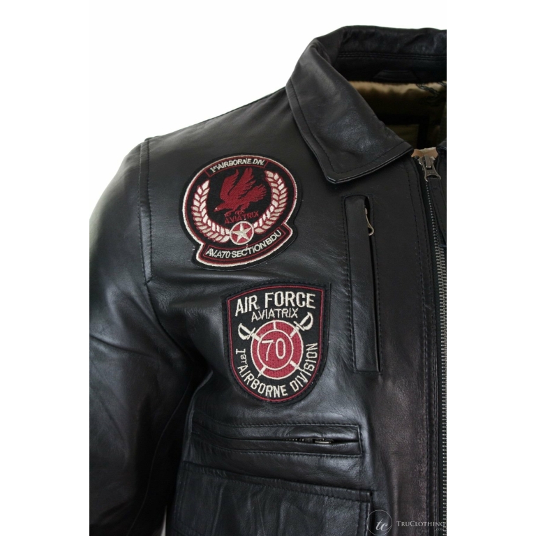 Mens Real Leather Black Bomber Badge Air Force Pilot Flying Jacket ...