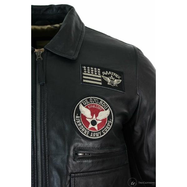 Mens Real Leather Black Bomber Badge Air Force Pilot Flying Jacket-Black