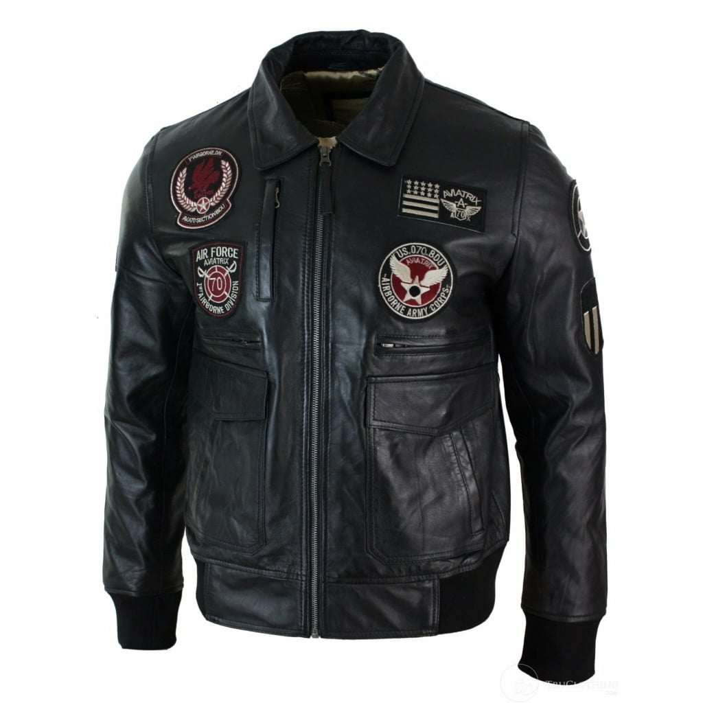 Mens Real Leather Black Bomber Badge Air Force Pilot Flying Jacket ...