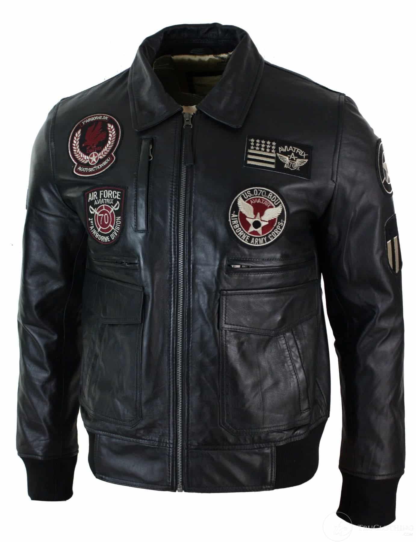 Mens Real Leather Black Bomber Badge Air Force Pilot Flying Jacket ...