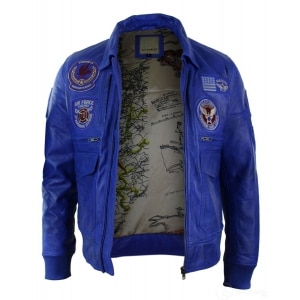 Mens Real Leather Black Bomber Badge Air Force Pilot Flying Jacket-Blue