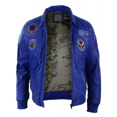 Mens Real Leather Black Bomber Badge Air Force Pilot Flying Jacket-Blue