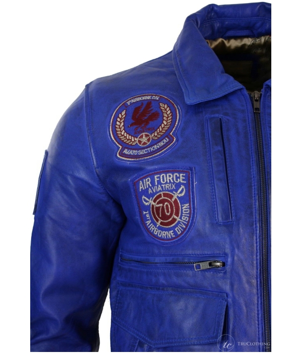 Mens Real Leather Black Bomber Badge Air Force Pilot Flying Jacket-Blue