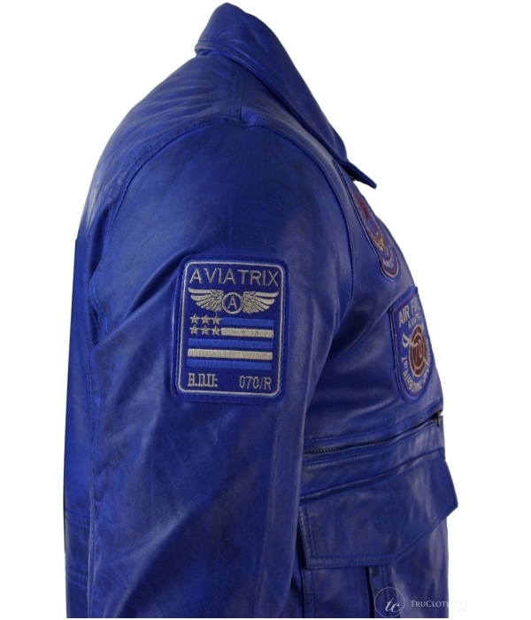 Mens Real Leather Black Bomber Badge Air Force Pilot Flying Jacket-Blue