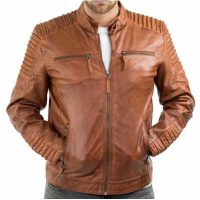 Mens Slim Fit Real Leather Vintage Retro Tan Brown Washed Biker Jacket Casual 