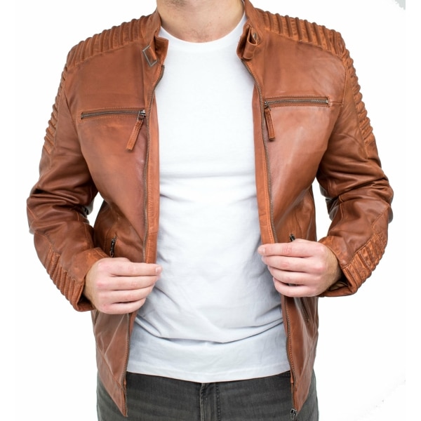 Real Leather Slim Fit Tan Brown Washed Vintage Mens Jacket Zipped Casual