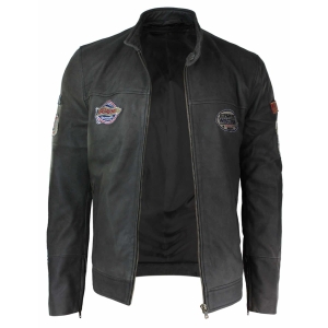Real Leather Vintage Brown Racer Badge Mens Biker Jacket Washed ...