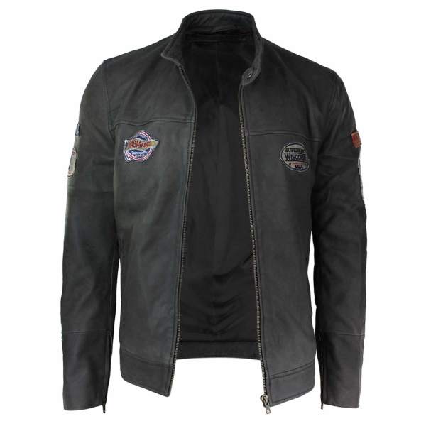 Real Leather Vintage Brown Racer Badge Mens Biker Jacket Washed Distressed Slim Fit