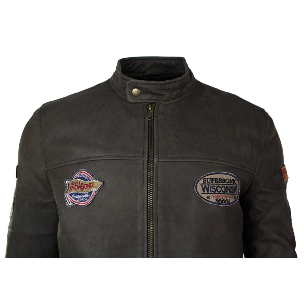 Real Leather Vintage Brown Racer Badge Mens Biker Jacket Washed Distressed Slim Fit