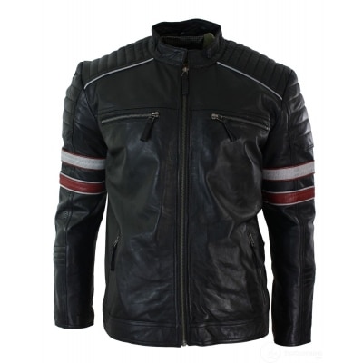 Real Leather Black Racing Mens Biker Jacket Red White Stripes Casual Fit