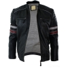 Real Leather Black Racing Mens Biker Jacket Red White Stripes Casual Fit