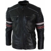 Real Leather Black Racing Mens Biker Jacket Red White Stripes Casual Fit
