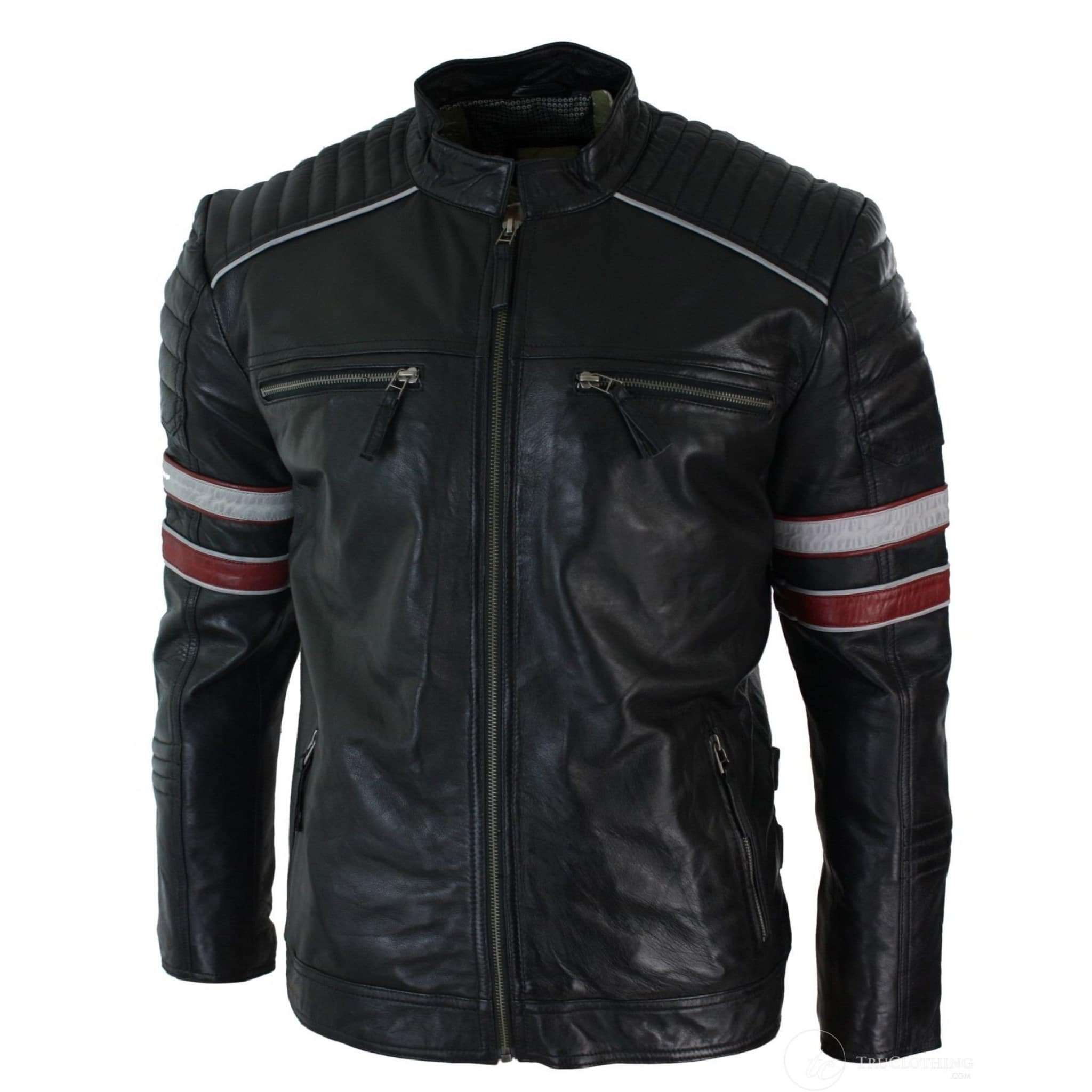 Real Leather Black Racing Mens Biker Jacket Red White Stripes Casual ...