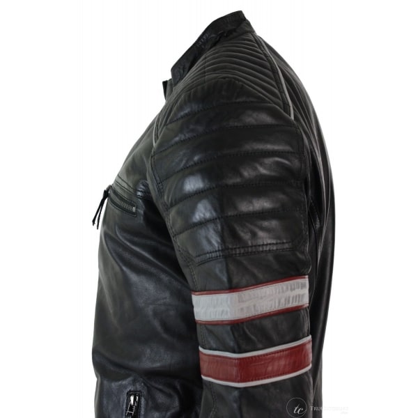 Real Leather Black Racing Mens Biker Jacket Red White Stripes Casual Fit