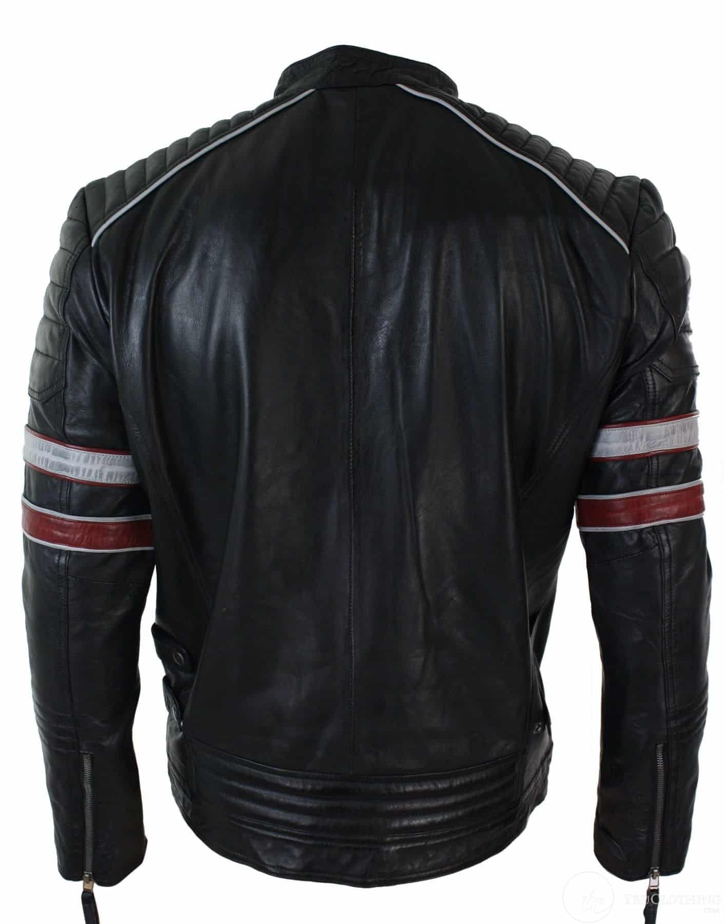 Real Leather Black Racing Mens Biker Jacket Red White Stripes Casual ...