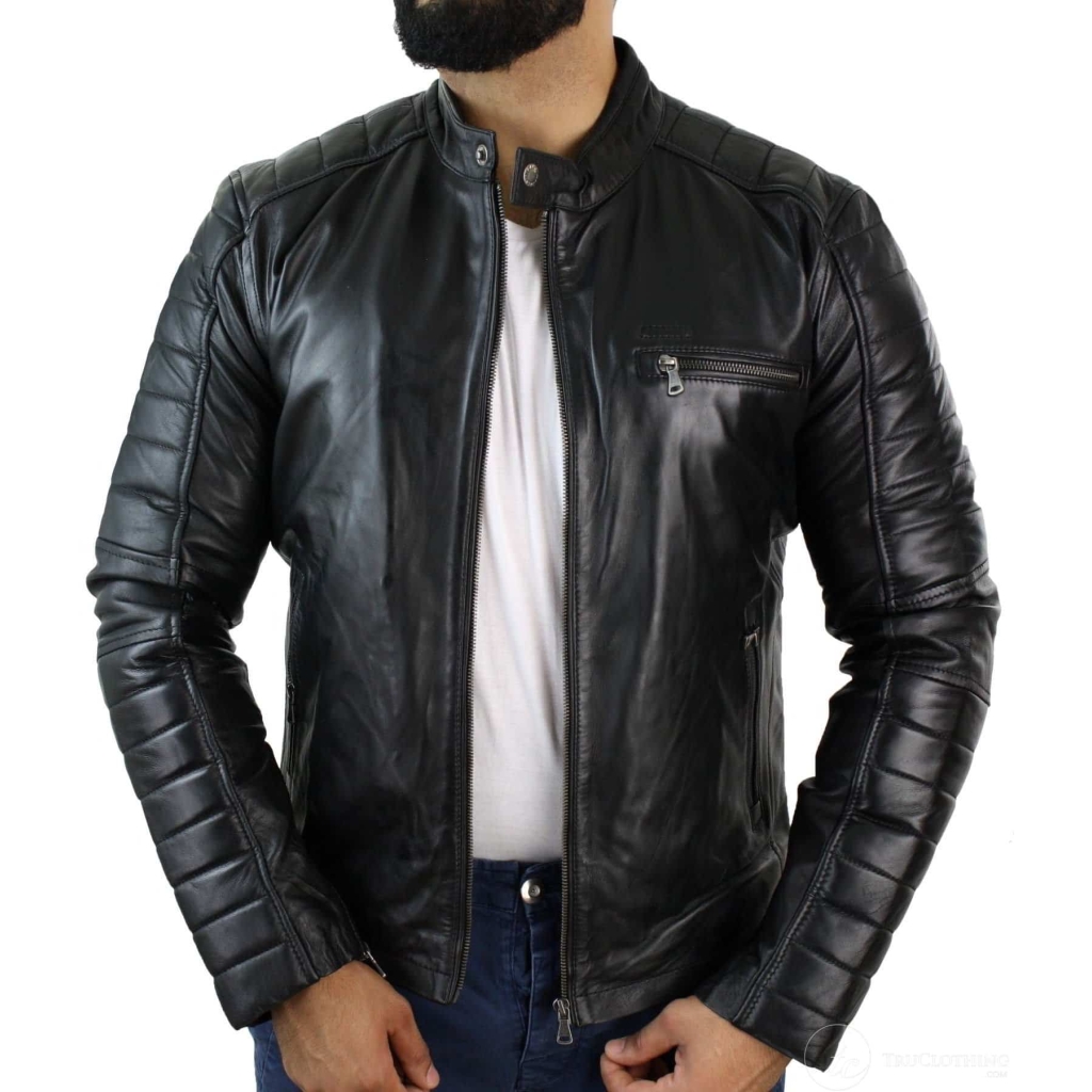 Mens Slim Fit Retro Biker Jacket Smart Casual Tan Brown Black Zipped ...