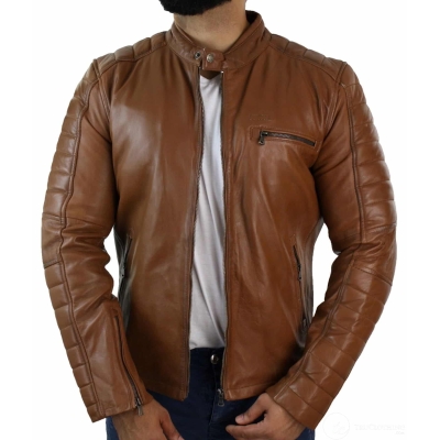 Mens Slim Fit Retro Biker Jacket Smart Casual Tan Brown Black Zipped 