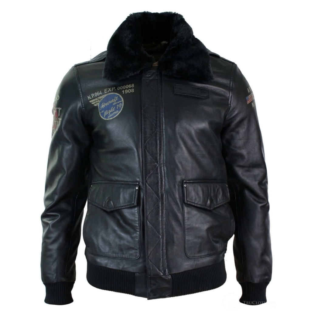 Mens Real Leather Black Aviator Fur Collar Pilot Jacket Slim Fit Bomber ...