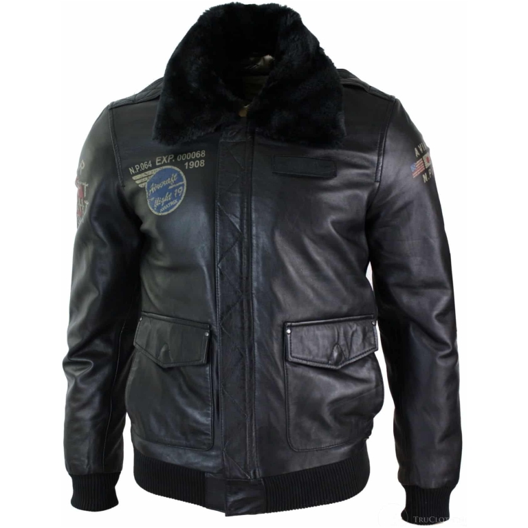 Mens Real Leather Black Aviator Fur Collar Pilot Jacket Slim Fit Bomber ...