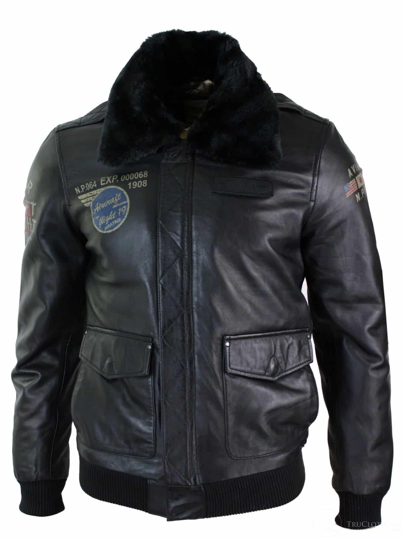 Mens Real Leather Black Aviator Fur Collar Pilot Jacket Slim Fit Bomber ...