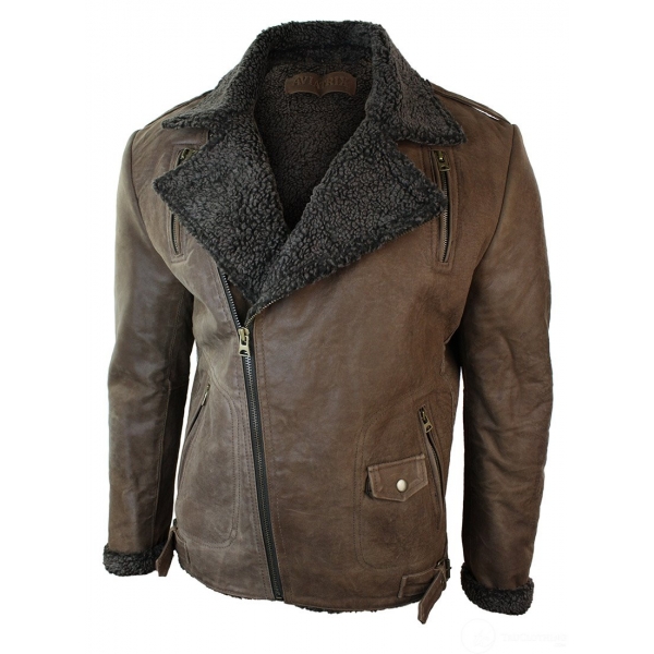 Mens Black Cross Zip Real Leather Biker Jacket Fleece Lined Fitted Smart Casual-Brown