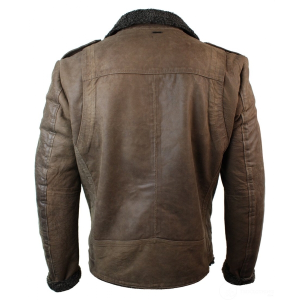 Mens Black Cross Zip Real Leather Biker Jacket Fleece Lined Fitted Smart Casual-Brown