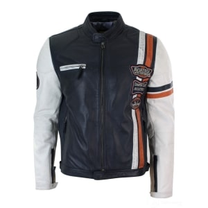 Real Leather Retro Vintage Navy Blue White Mens Biker Jacket Badge Design Casual