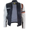 Real Leather Retro Vintage Navy Blue White Mens Biker Jacket Badge Design Casual