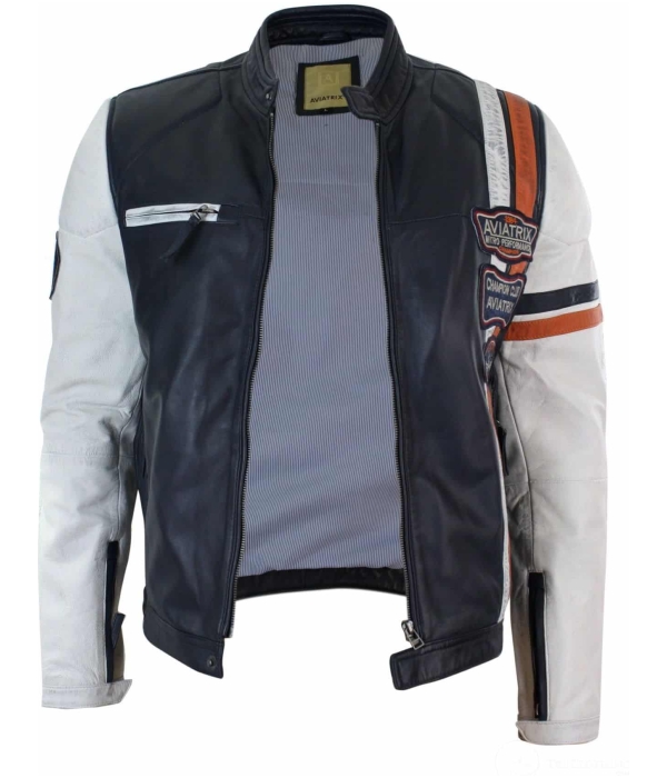 Real Leather Retro Vintage Navy Blue White Mens Biker Jacket Badge Design Casual