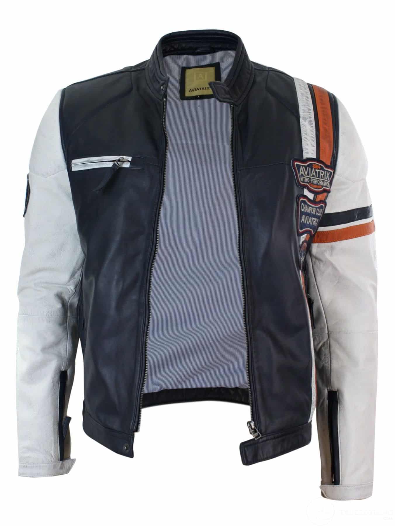 Real Leather Retro Vintage Navy Blue White Mens Biker Jacket Badge ...