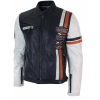 Real Leather Retro Vintage Navy Blue White Mens Biker Jacket Badge Design Casual