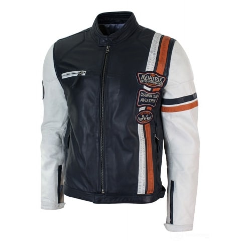 Real Leather Retro Vintage Navy Blue White Mens Biker Jacket Badge ...