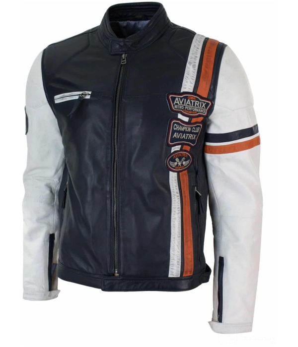 Real Leather Retro Vintage Navy Blue White Mens Biker Jacket Badge Design Casual