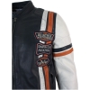 Real Leather Retro Vintage Navy Blue White Mens Biker Jacket Badge Design Casual