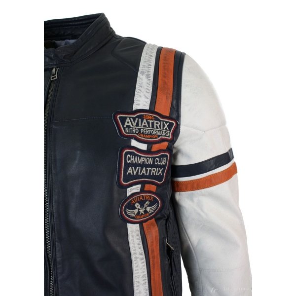 Real Leather Retro Vintage Navy Blue White Mens Biker Jacket Badge Design Casual