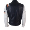 Real Leather Retro Vintage Navy Blue White Mens Biker Jacket Badge Design Casual
