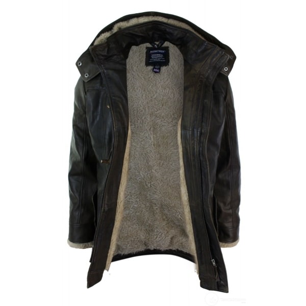 Mens Real Leather Hood Duffle Safari Jacket Long 3/4 Fur Washed Timber Brown Tan-Brown