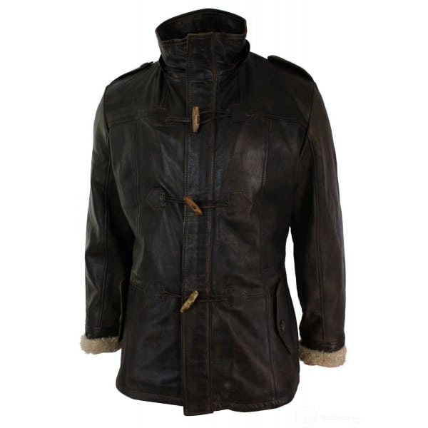 Mens Real Leather Hood Duffle Safari Jacket Long 3/4 Fur Washed Timber Brown Tan-Brown