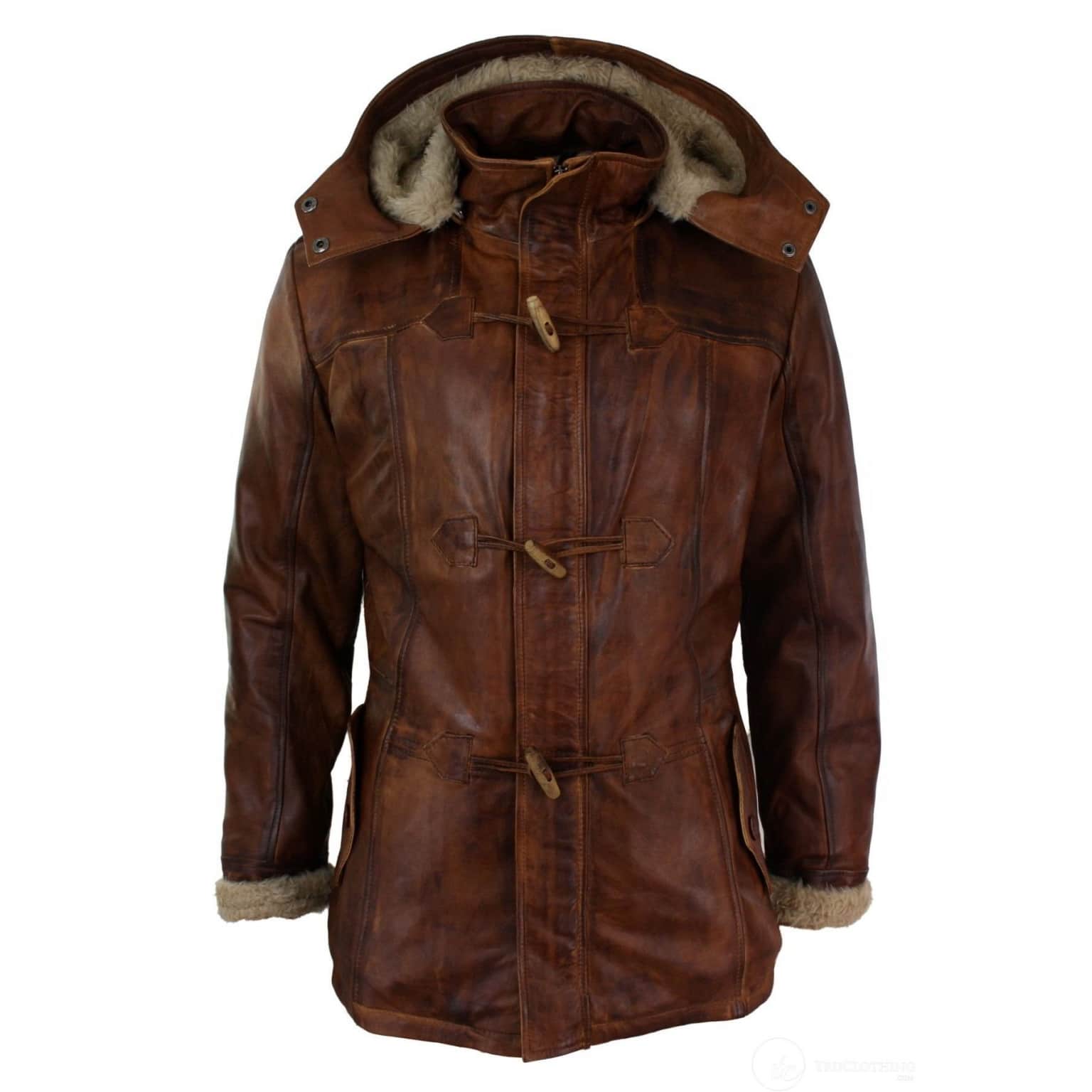 Mens Real Leather Hood Duffle Safari Jacket Long 3/4 Fur Washed Timber ...