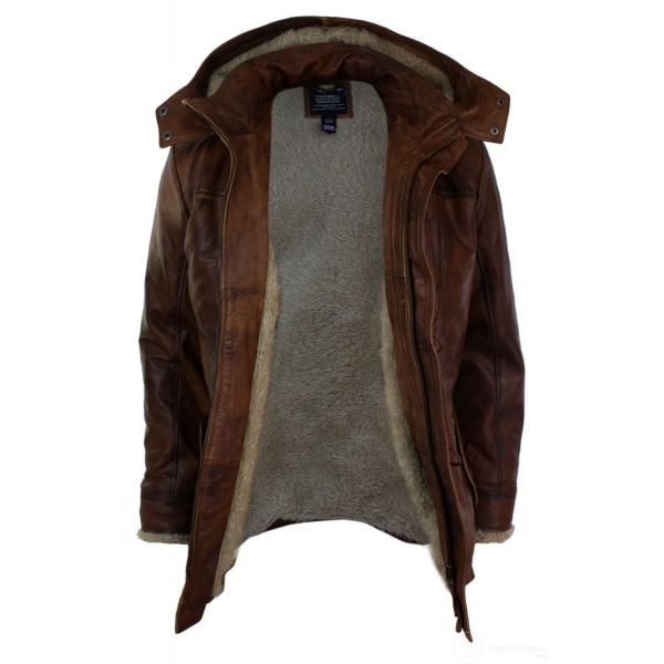 Mens Real Leather Hood Duffle Safari Jacket Long 3/4 Fur Washed Timber Brown Tan-Nevada Timber
