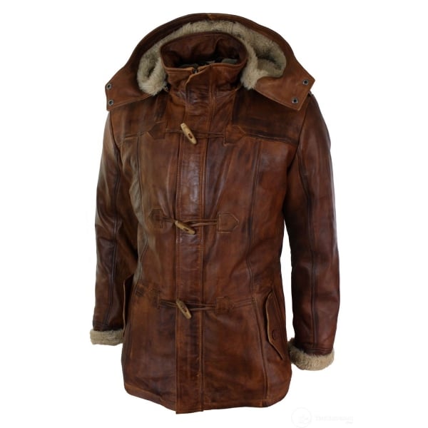 Mens Real Leather Hood Duffle Safari Jacket Long 3/4 Fur Washed Timber Brown Tan-Nevada Timber