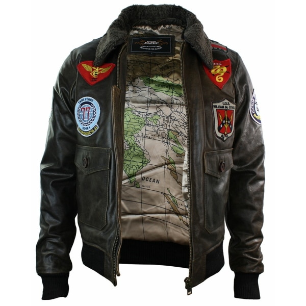 Mens Real Leather US Aviator Air Force Pilot Flying Bomber Jacket Black Fur Collar-Brown