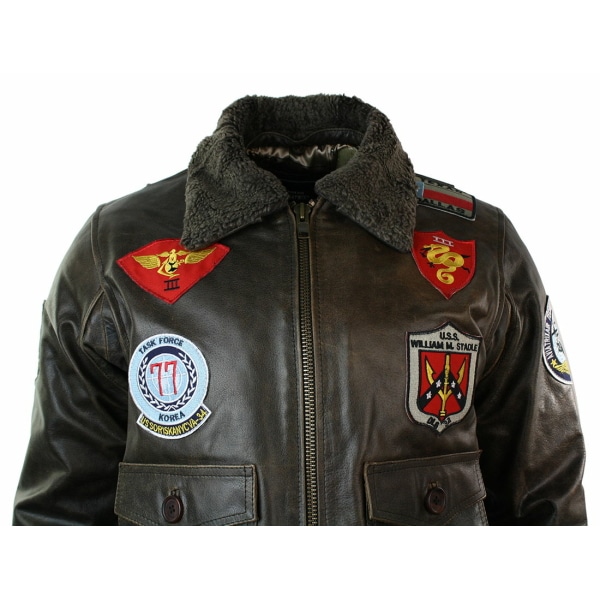 Mens Real Leather US Aviator Air Force Pilot Flying Bomber Jacket Black Fur Collar-Brown